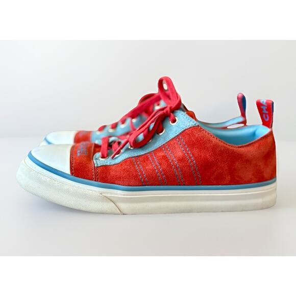 CHANEL CC Red Lambskin Leather Suede Tennis Sneakers Vintage Size 38 Logo EUC - Picture 4 of 16